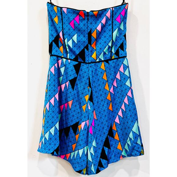 Size 2- MARA HOFFMAN Blue & Multi Silk Geometric Strapless Romper - Retail: $400 - Picture 2 of 6